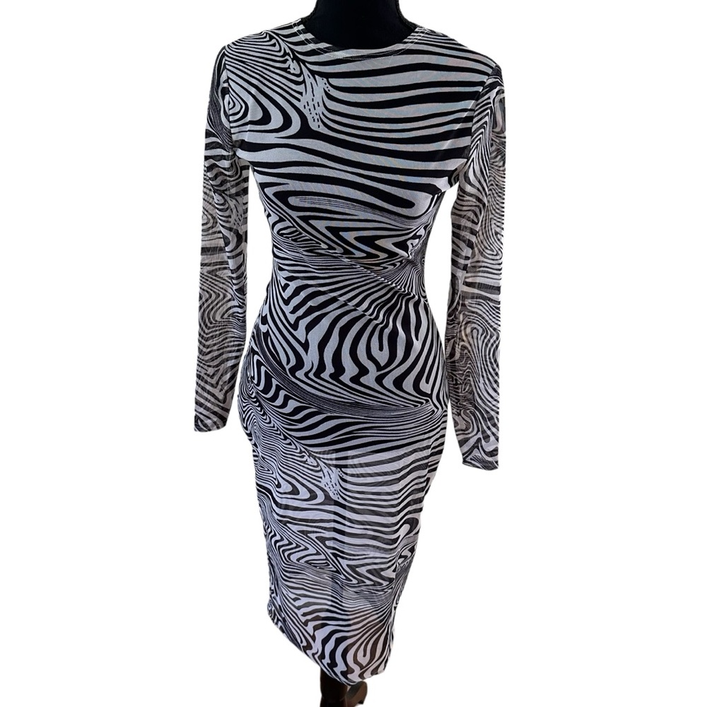 Women’s Sheer Long Sleeve Bodycon Zebra Print Dress Black & White Size S NWOT - Picture 7 of 11
